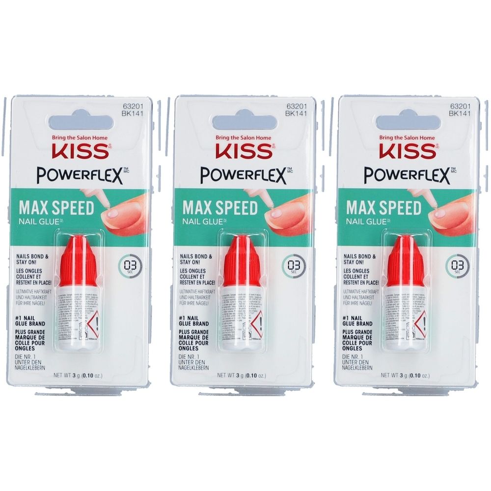 Trois paquets de colle à ongles. Flacons rouges en blister. Inscription : KISS Powerflex Max Speed Nail Glue.