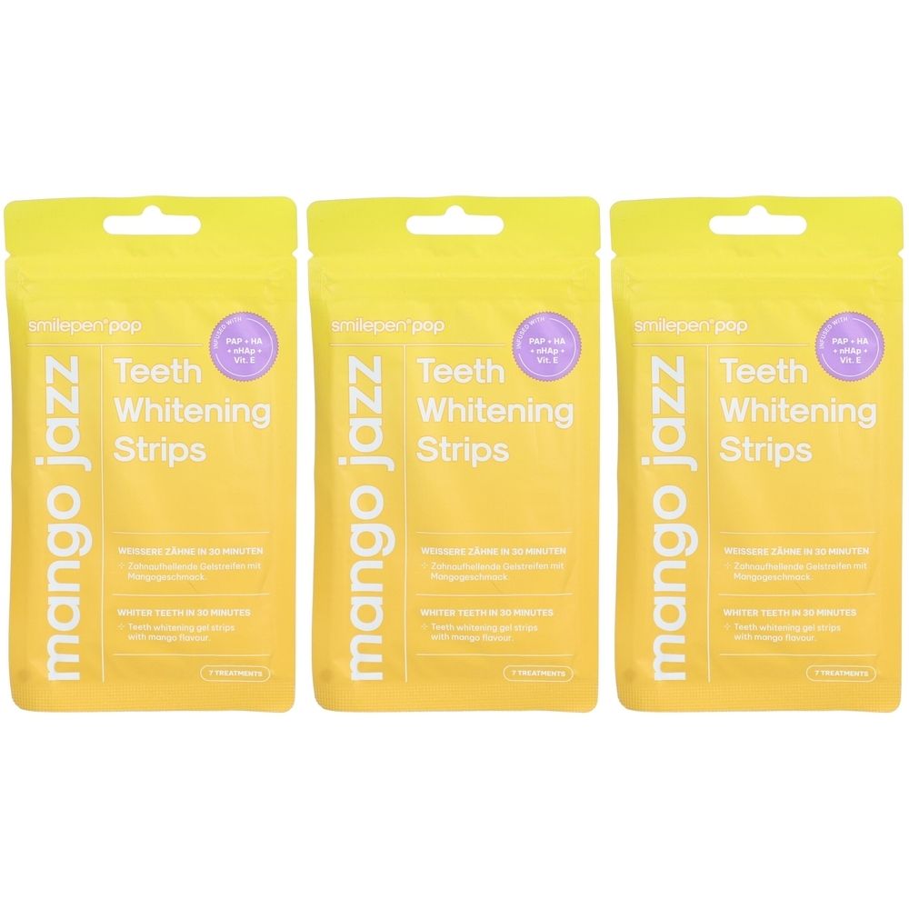 Trois emballages jaunes avec "mango jazz" et "Teeth Whitening Strips". Chaque paquet a un trou pour accrocher.