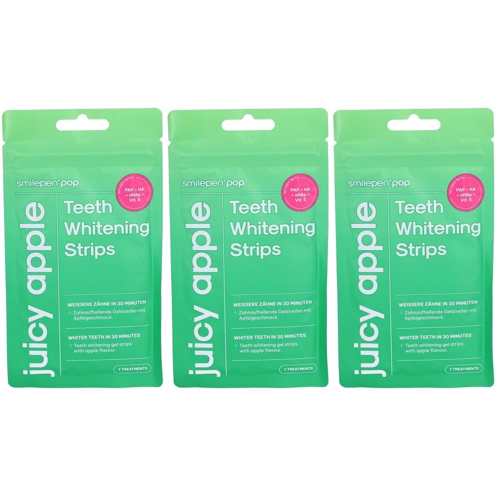 Trois emballages verts avec "Teeth Whitening Strips" et "Juicy Apple". Cercle rose avec texte. Disposition.