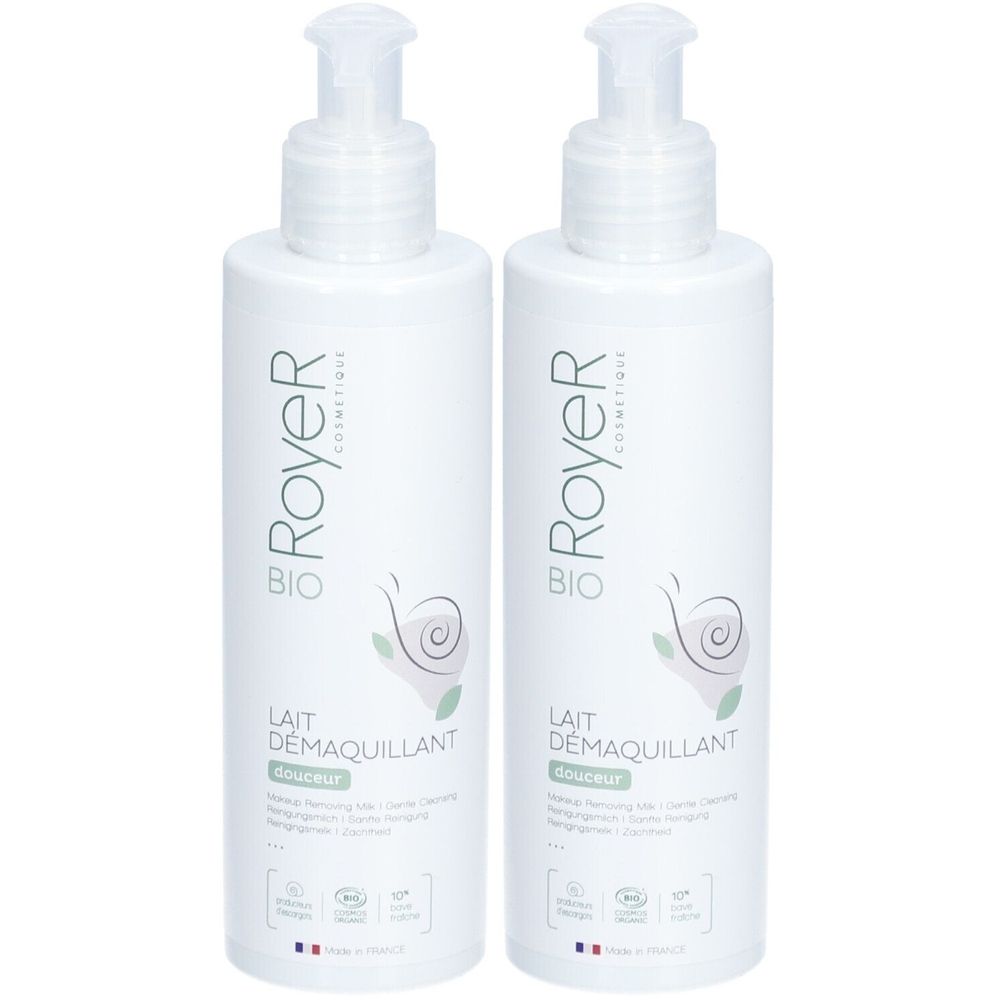 Deux flacons blancs avec pompe. Inscription: Royer, Bio, Lait Démaquillant. Logo et certifications. Fabriqué en France.