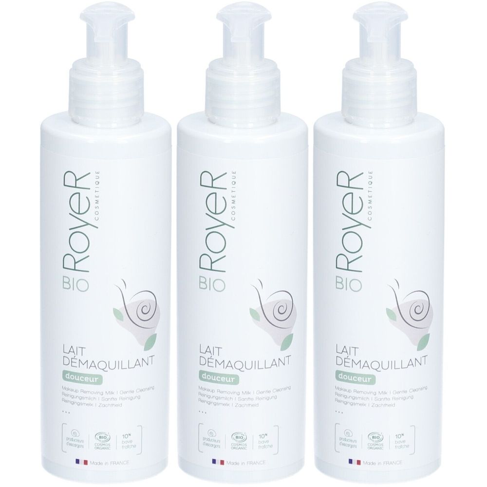 Trois flacons blancs avec pompe. Sur chaque flacon, on lit "Royer", "BIO" et "LAIT DÉMAQUILLANT".
