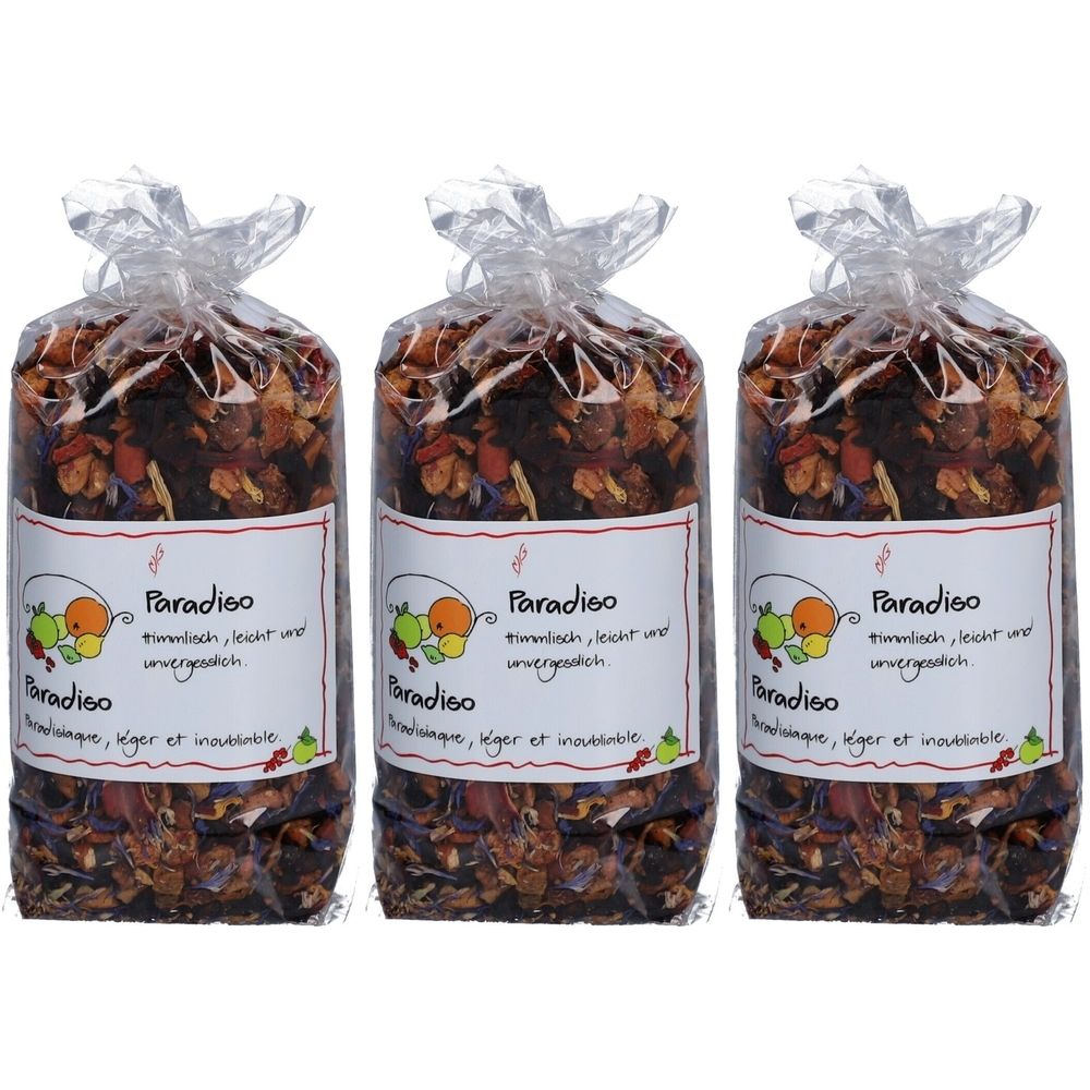 Trois sachets transparents de thé aux fruits. Chaque sachet porte une étiquette avec le mot "Paradiso" et une illustration.