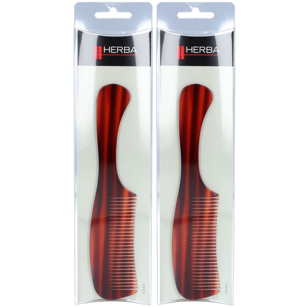 Deux peignes rouges avec des manches incurvés, emballés individuellement dans du plastique transparent. Le logo HERBA est visible.
