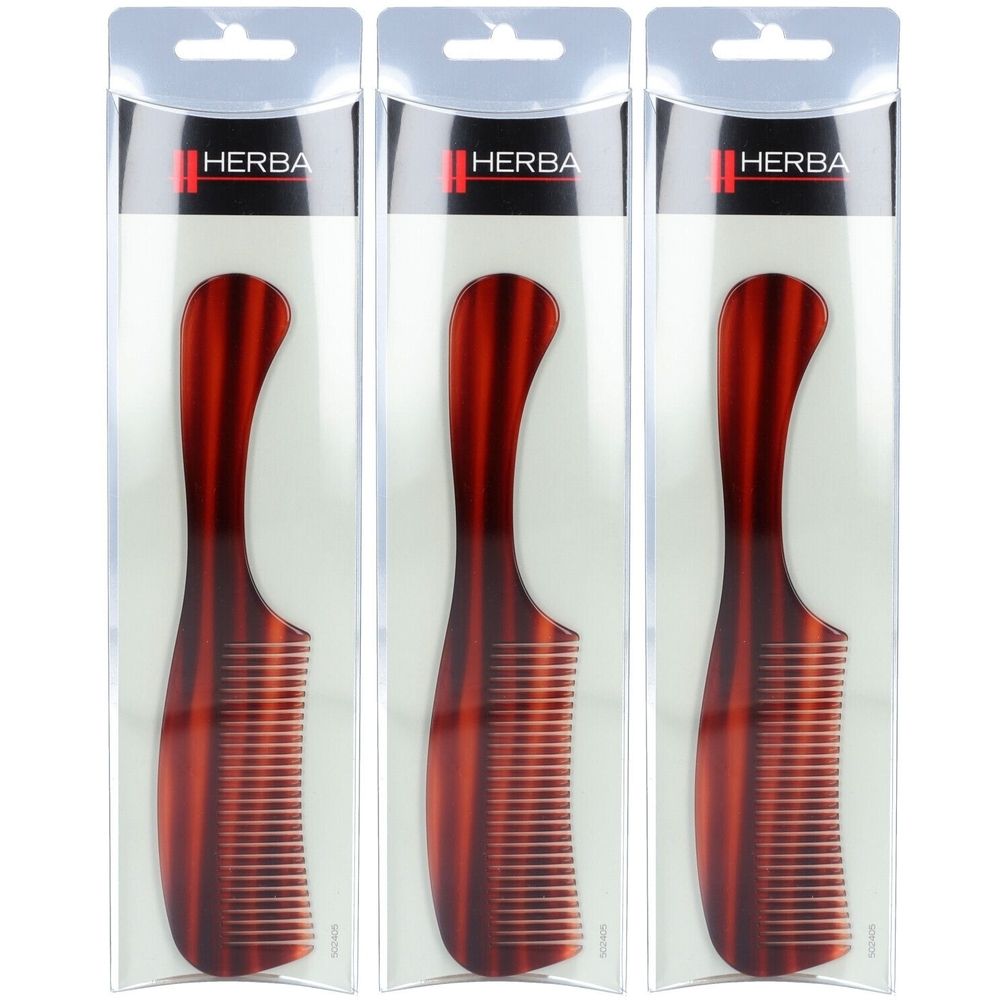 Trois peignes dans des emballages transparents. Les peignes sont brun-rouge avec un manche incurvé. Le nom de la marque HERBA est visible.