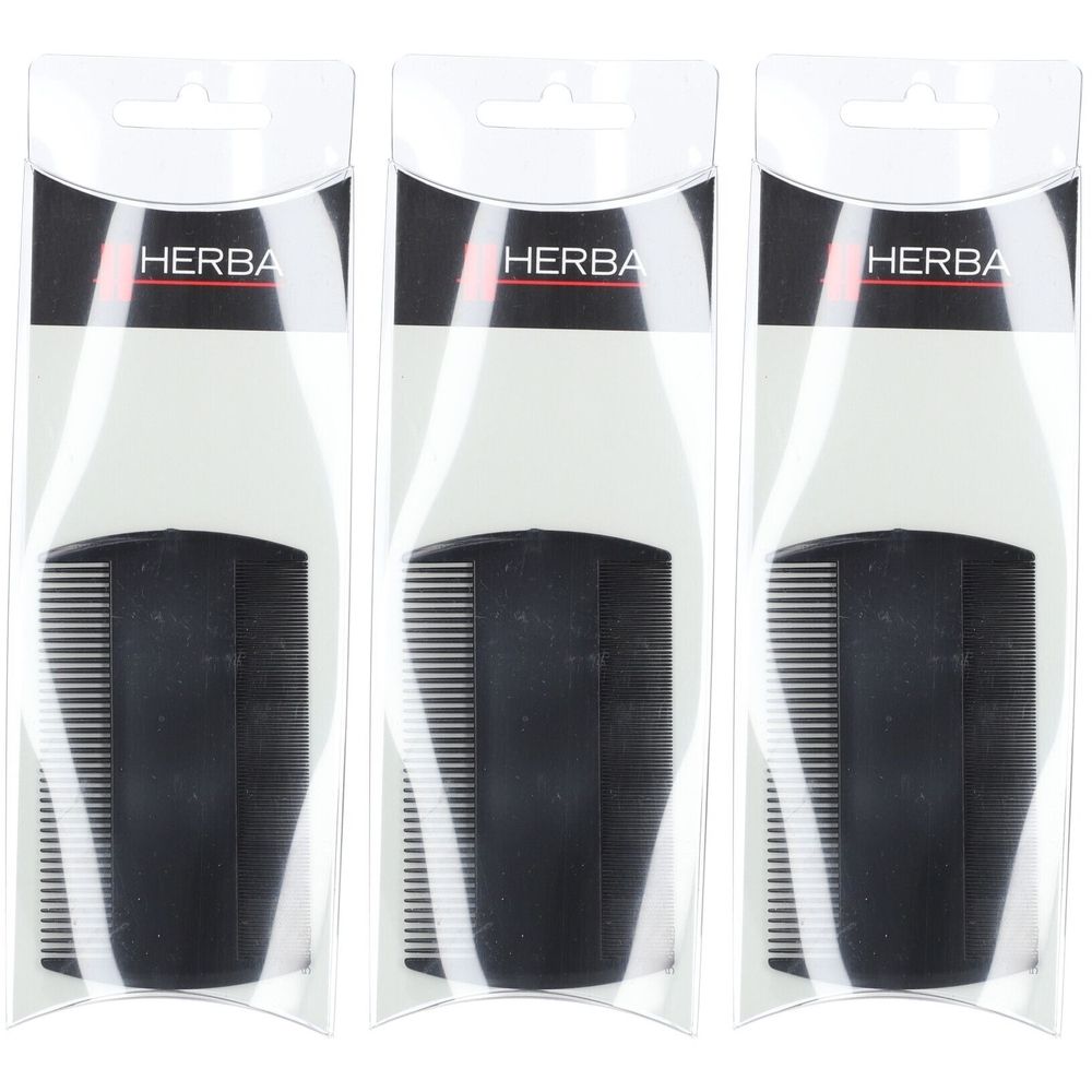 Trois peignes à poux noirs dans des emballages transparents. Le mot "HERBA" est visible.