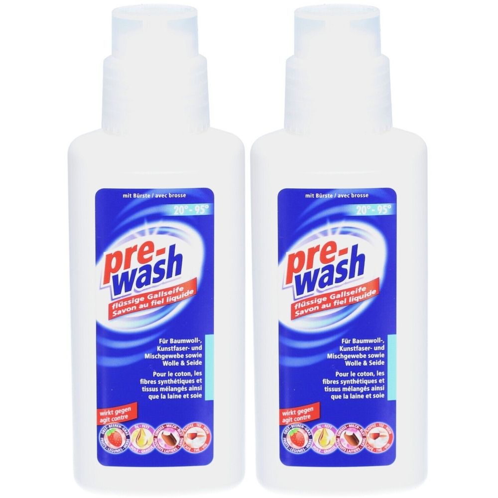 Deux flacons blancs avec étiquettes bleues. L'étiquette indique "pre-wash Savon au fiel liquide".