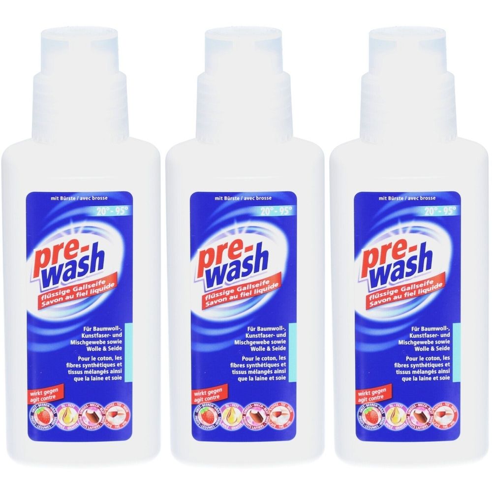 Trois flacons blancs avec étiquettes bleues et rouges. Inscription : pre-wash Savon au fiel liquide.