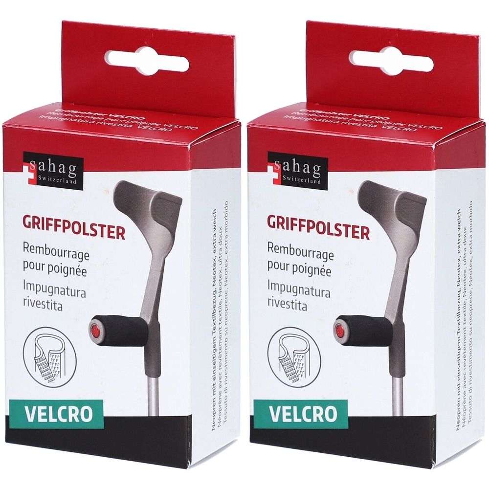 Deux boîtes de coussinets de poignée. Inscription : Sahag, Griffpolster, Velcro. Illustration d'un coussinet de poignée pour béquilles.