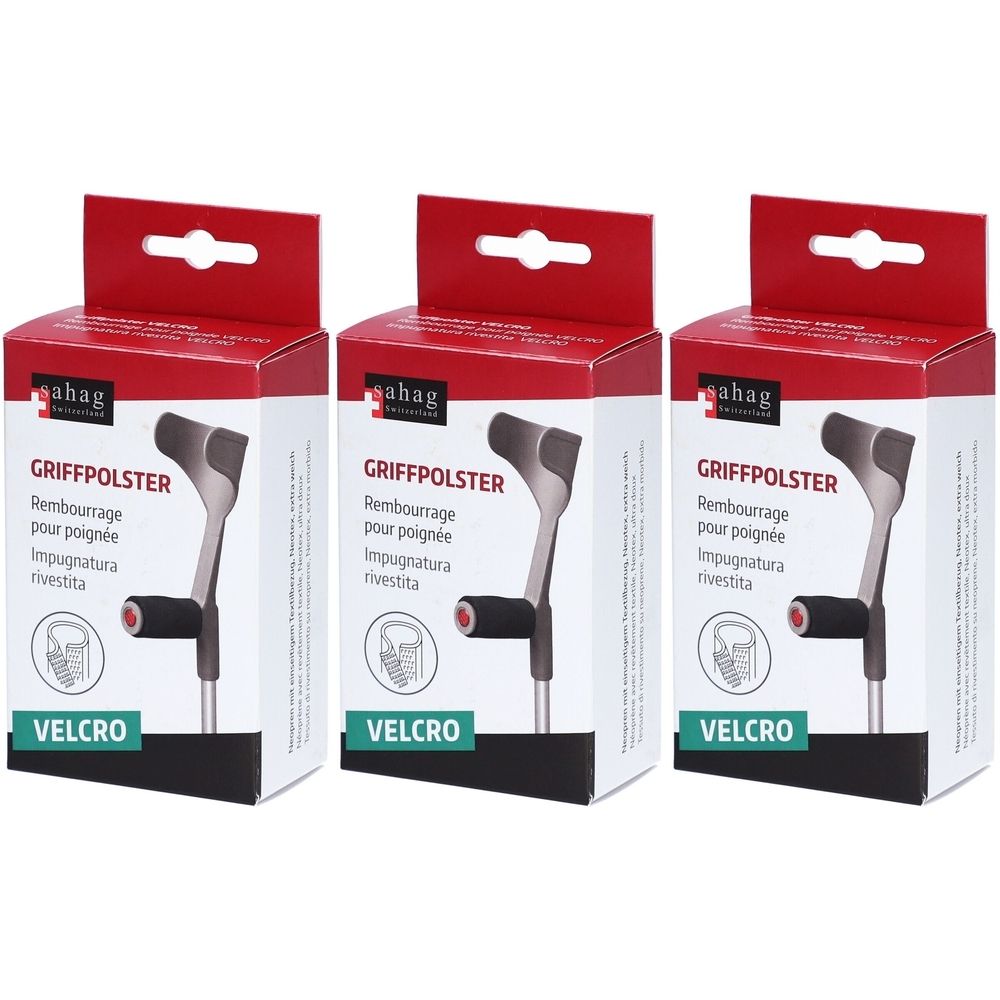 Trois emballages de coussinets de poignée. Chaque emballage montre une poignée de béquille. La marque est "sahag".
