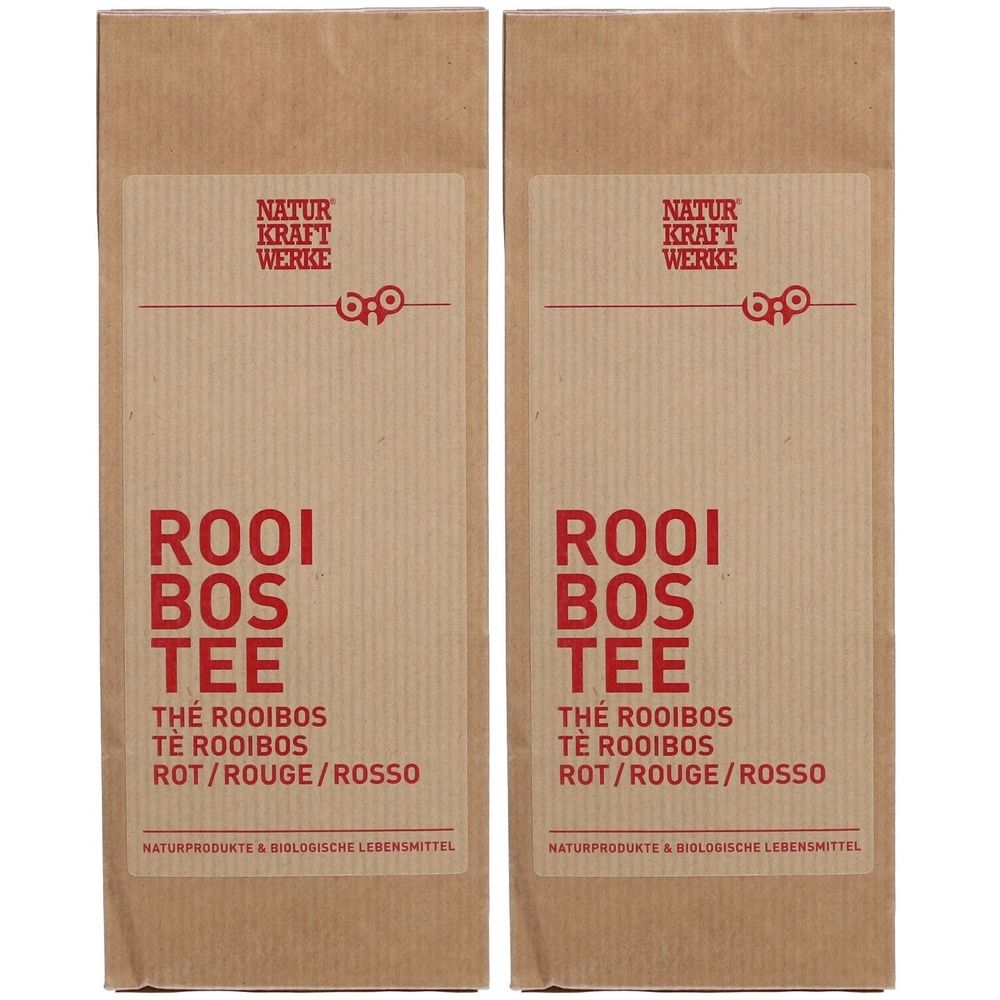 Deux sachets de thé Rooibos. Inscription: NATUR KRAFT WERKE, ROOI BOS TEE, Thé Rooibos, Rot/Rouge/Rosso. Produits naturels et biologiques.