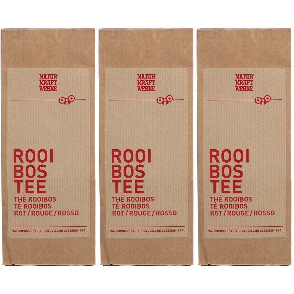 Trois sachets de thé Rooibos. Inscription : NATUR KRAFT WERKE, ROOIBOS TEE, THE ROOIBOS, ROT/ROUGE/ROSSO.