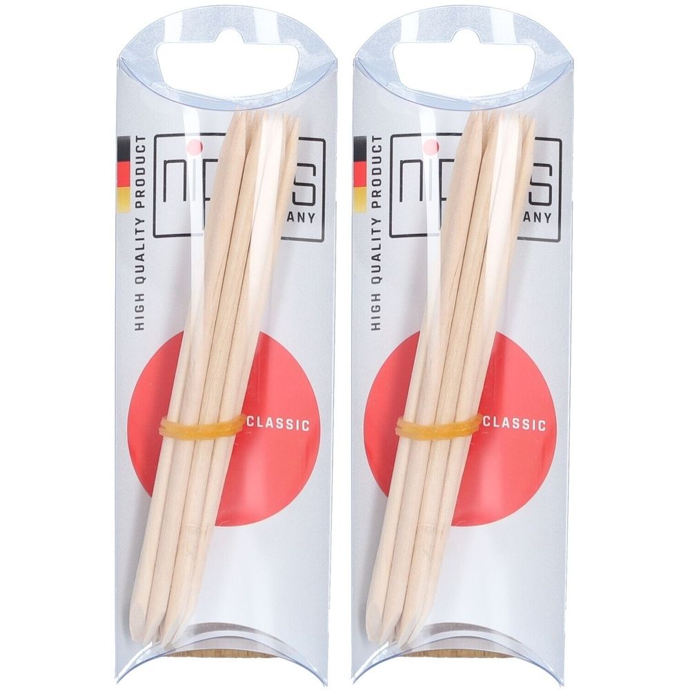 Deux paquets de bâtonnets en bois. Chaque paquet contient plusieurs bâtonnets maintenus par un élastique. Emballage avec logo.