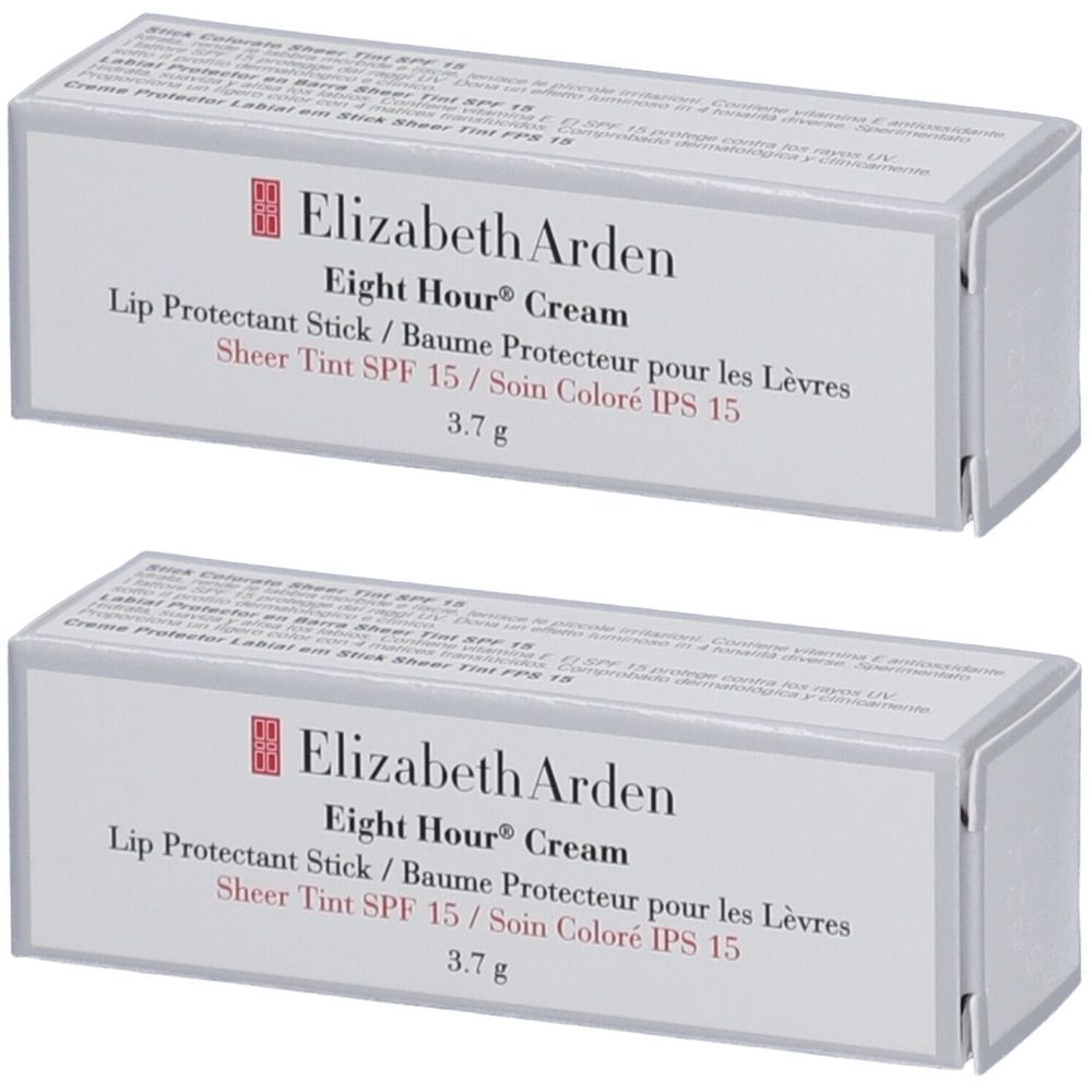 Deux boîtes de Elizabeth Arden Eight Hour Cream Lip Protectant Stick. Texte: Sheer Tint SPF 15, 3.7 g.