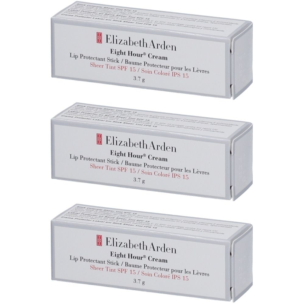 Trois boîtes de baume à lèvres Elizabeth Arden Eight Hour Cream. Emballage blanc avec nom du produit et indication SPF 15.