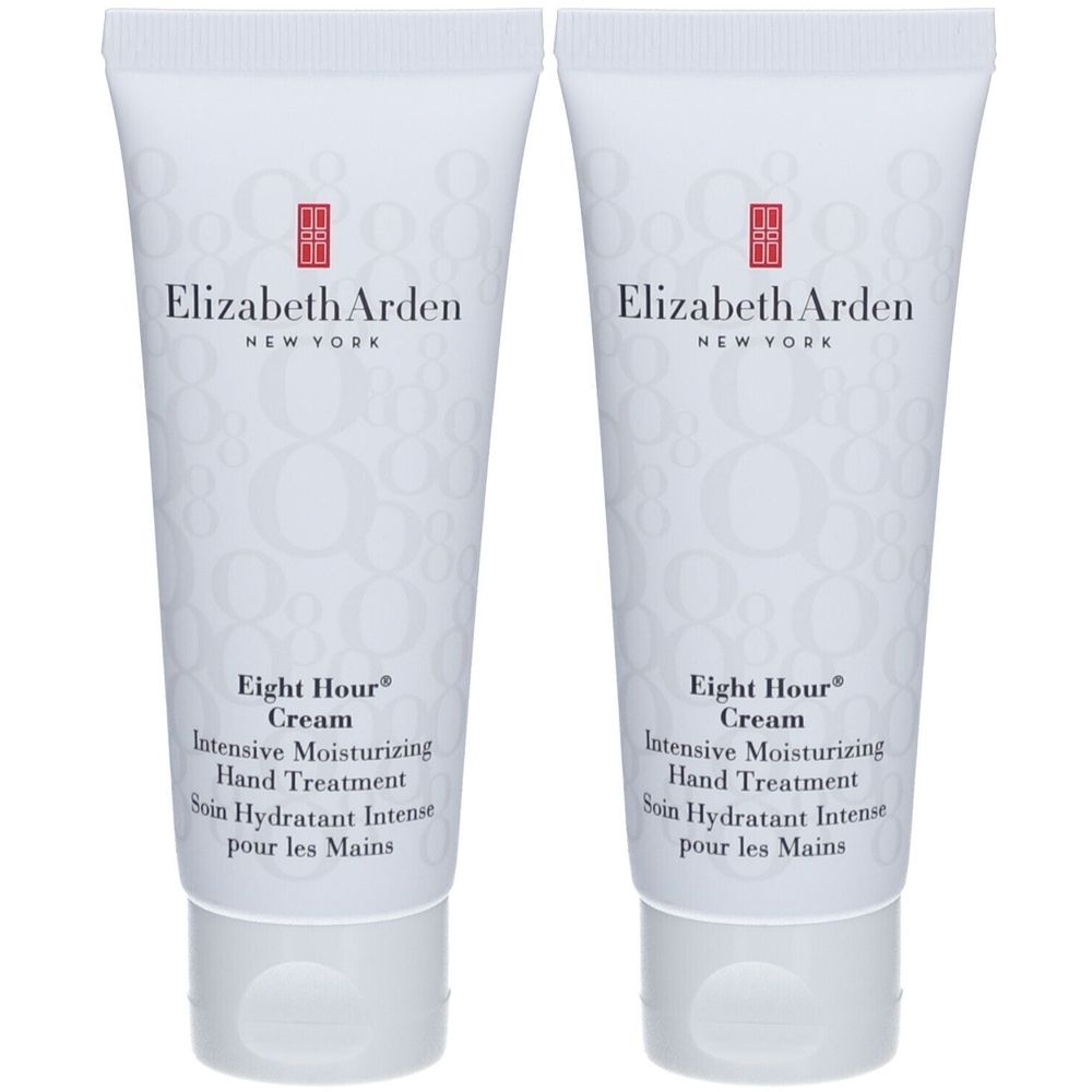 Deux tubes de crème pour les mains Elizabeth Arden Eight Hour®. Tubes blancs avec logo rouge et nom du produit.