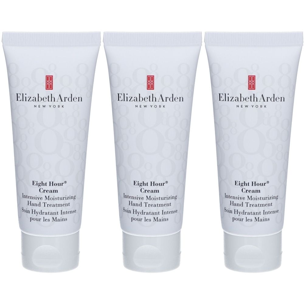 Trois tubes de crème pour les mains blancs. Chaque tube porte les inscriptions "Elizabeth Arden" et "Eight Hour Cream". Texte en anglais et français.