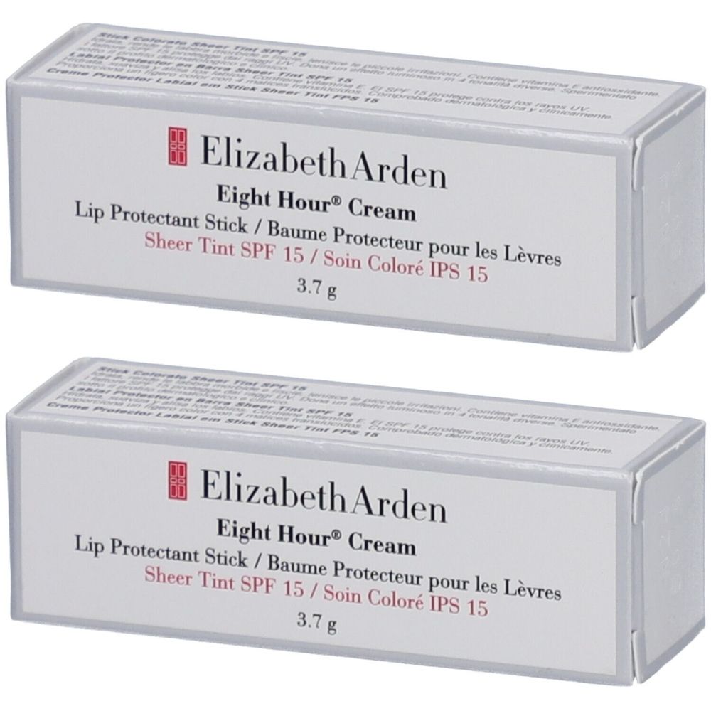 Deux boîtes rectangulaires. Inscription: Elizabeth Arden Eight Hour Cream Lip Protectant Stick SPF 15. Contient 3,7 g.