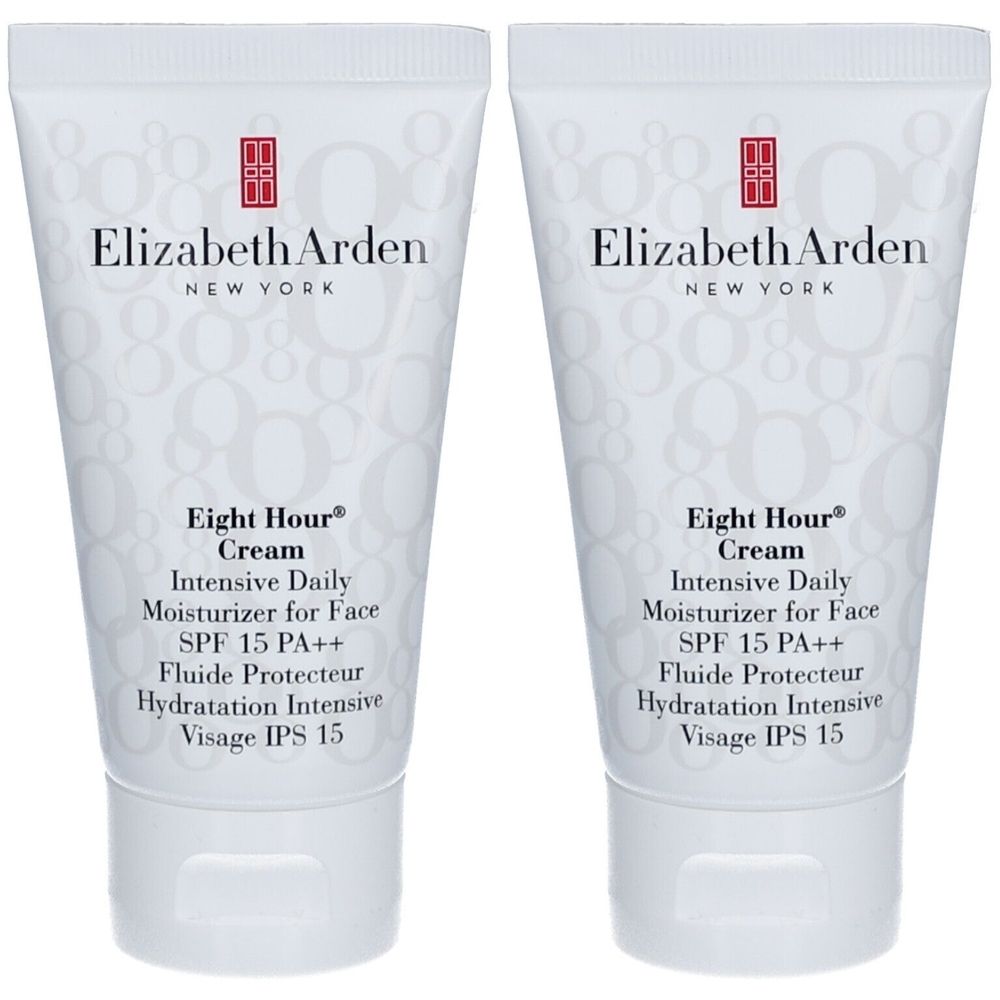 Deux tubes de crème hydratante quotidienne Eight Hour Cream d'Elizabeth Arden. Tubes blancs avec logo rouge et texte.