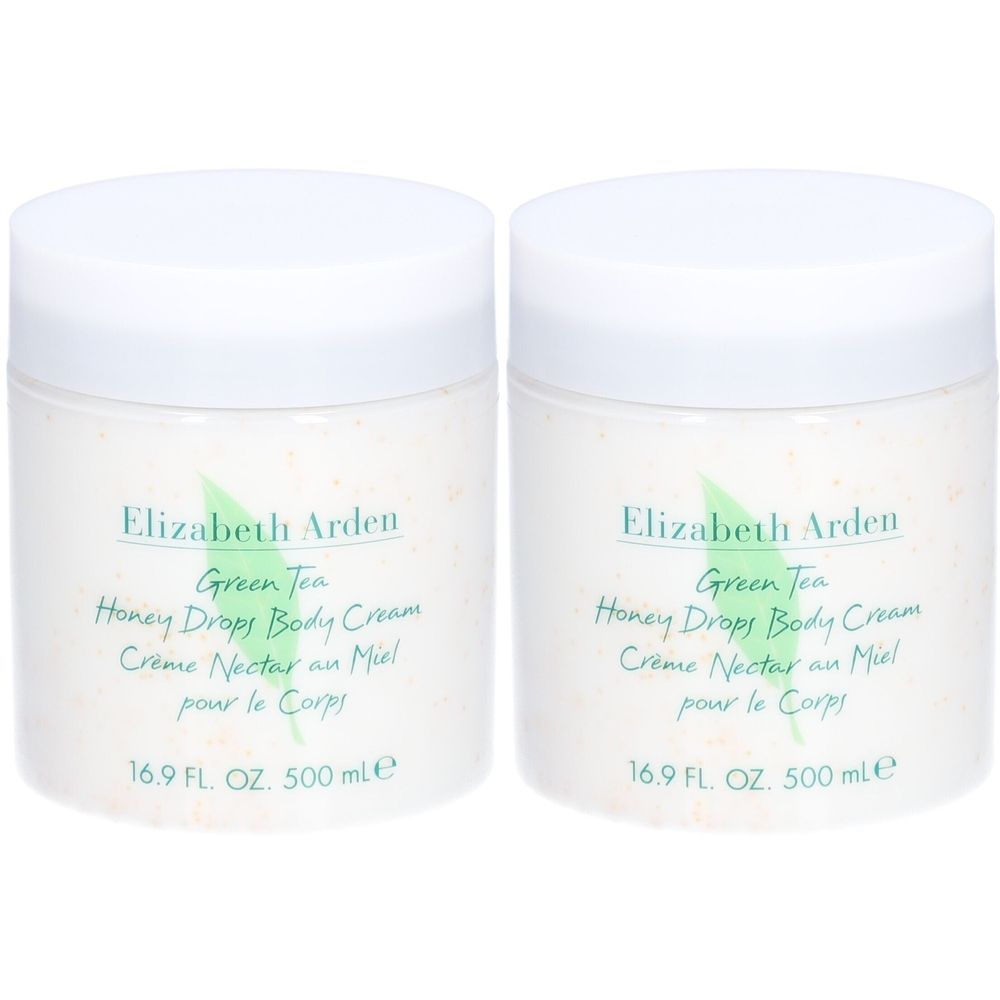 Deux pots blancs avec couvercles. Inscription: Elizabeth Arden, Green Tea Honey Drops Body Cream. Inscription française. Indication de volume.