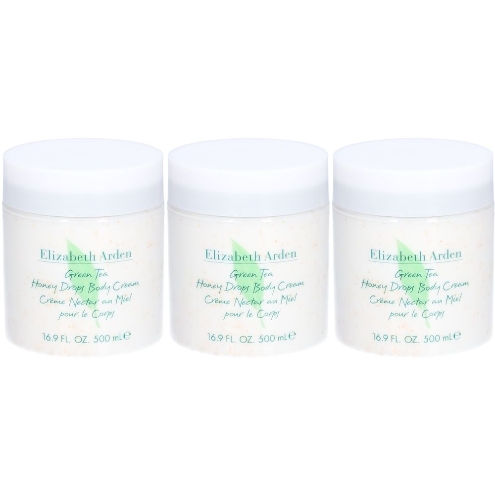 Trois pots blancs avec couvercles. Inscription: Elizabeth Arden, Green Tea Honey Drops Body Cream. 16,9 FL. OZ. 500 ml.