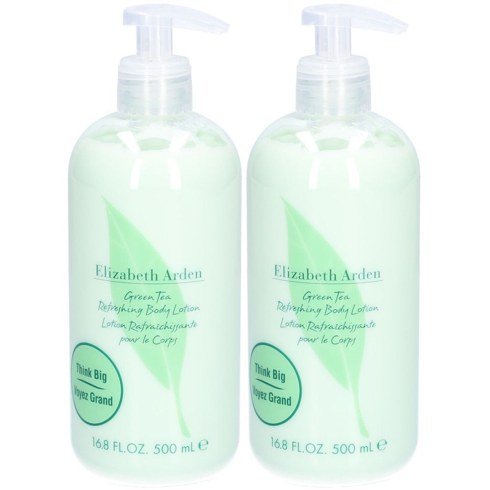 Deux flacons verts avec pompe. Inscription: Elizabeth Arden Green Tea, lotion rafraîchissante pour le corps. Avec des feuilles vertes et du texte.