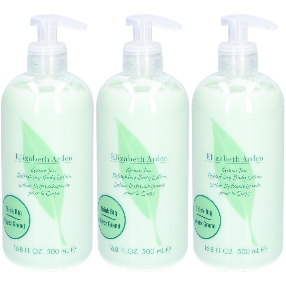 Trois flacons de lotion pour le corps Elizabeth Arden Green Tea, avec pompe. Inscription: 16.8 FL.OZ. 500 ml e.