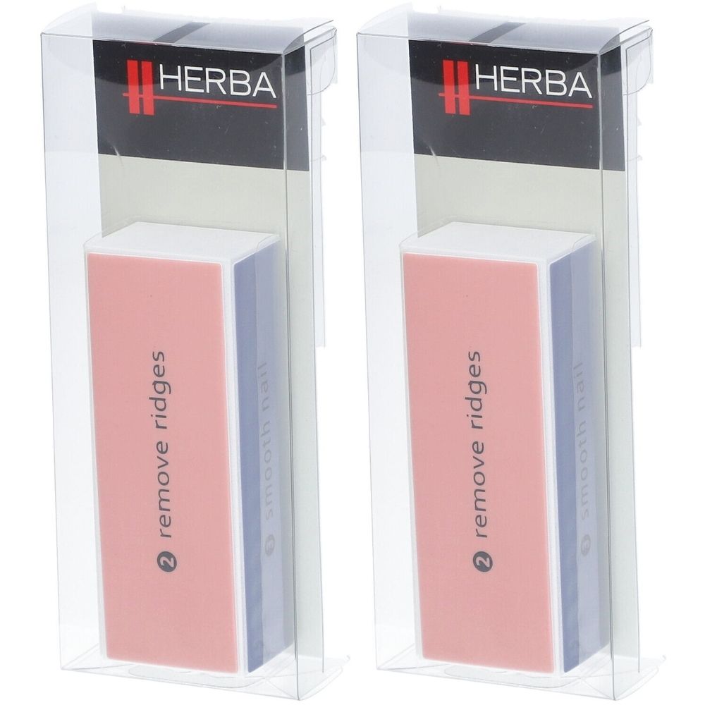 Deux blocs polissoirs à ongles dans des emballages transparents. Inscription : HERBA, remove ridges, smooth nail.