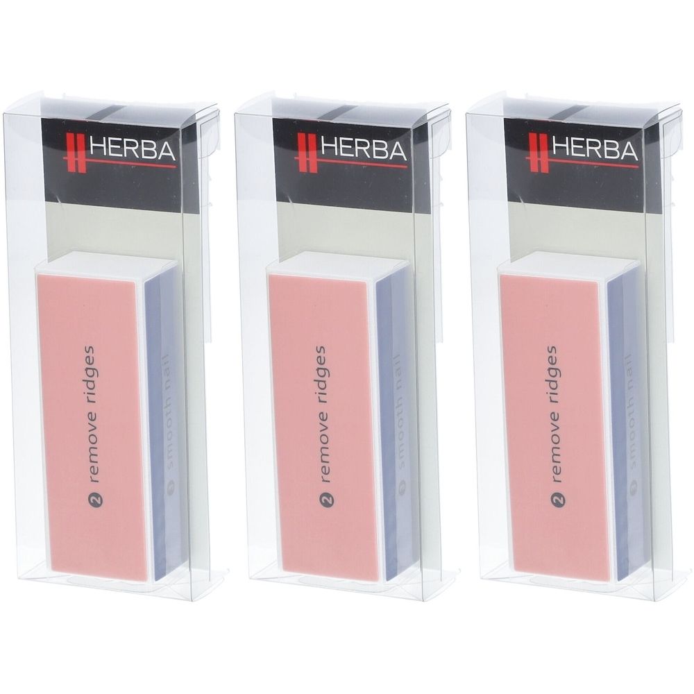 Trois blocs polissoirs à ongles dans des emballages transparents. Inscription "HERBA" et "remove ridges".