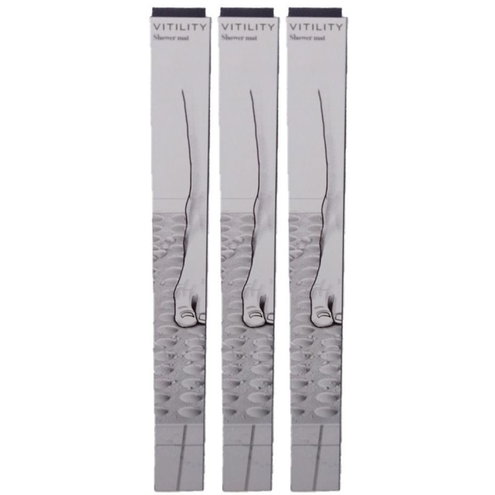 Trois emballages allongés. VITILITY est écrit sur chacun. Illustration d'un pied sur une surface antidérapante.