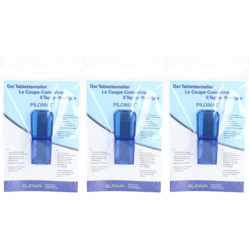 Trois coupe-comprimés bleus dans des emballages transparents. Marque PILOMAT et SUPAIR visibles. Emballage avec informations produit.