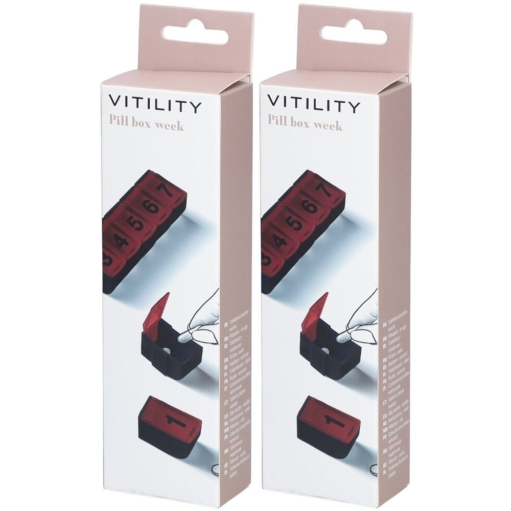 Deux boîtes de piluliers VITILITY Semainier. Boîtes rouges avec chiffres 4-7. Présentation du produit.