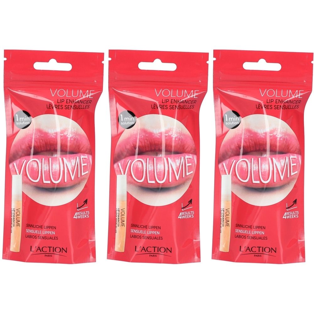 Trois emballages rouges de rehausseur de lèvres. Chaque emballage présente une bouche et un applicateur. Texte : Volume, L'Action.