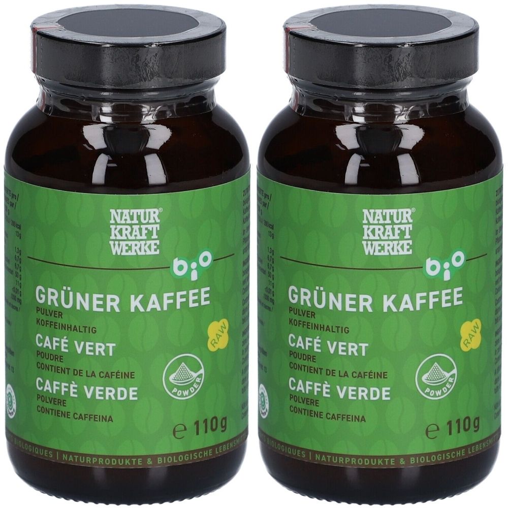 Deux pots de poudre de café vert bio. Étiquettes vertes avec texte en allemand, français, italien et espagnol. Couvercles noirs.