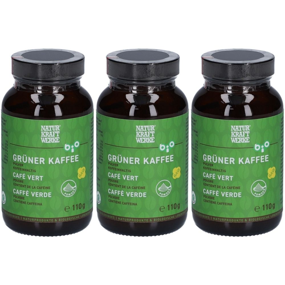 Trois flacons en verre vert avec couvercles noirs. Inscription: NATURKRAFTWERKE, GRÜNER KAFFEE, CAFÉ VERT, CAFFE VERDE. Certification bio.