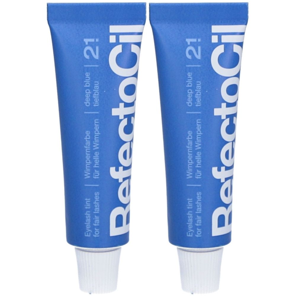 Deux tubes bleus avec texte blanc. Inscription: RefectoCil, teinture de cils, bleu profond, 21.
