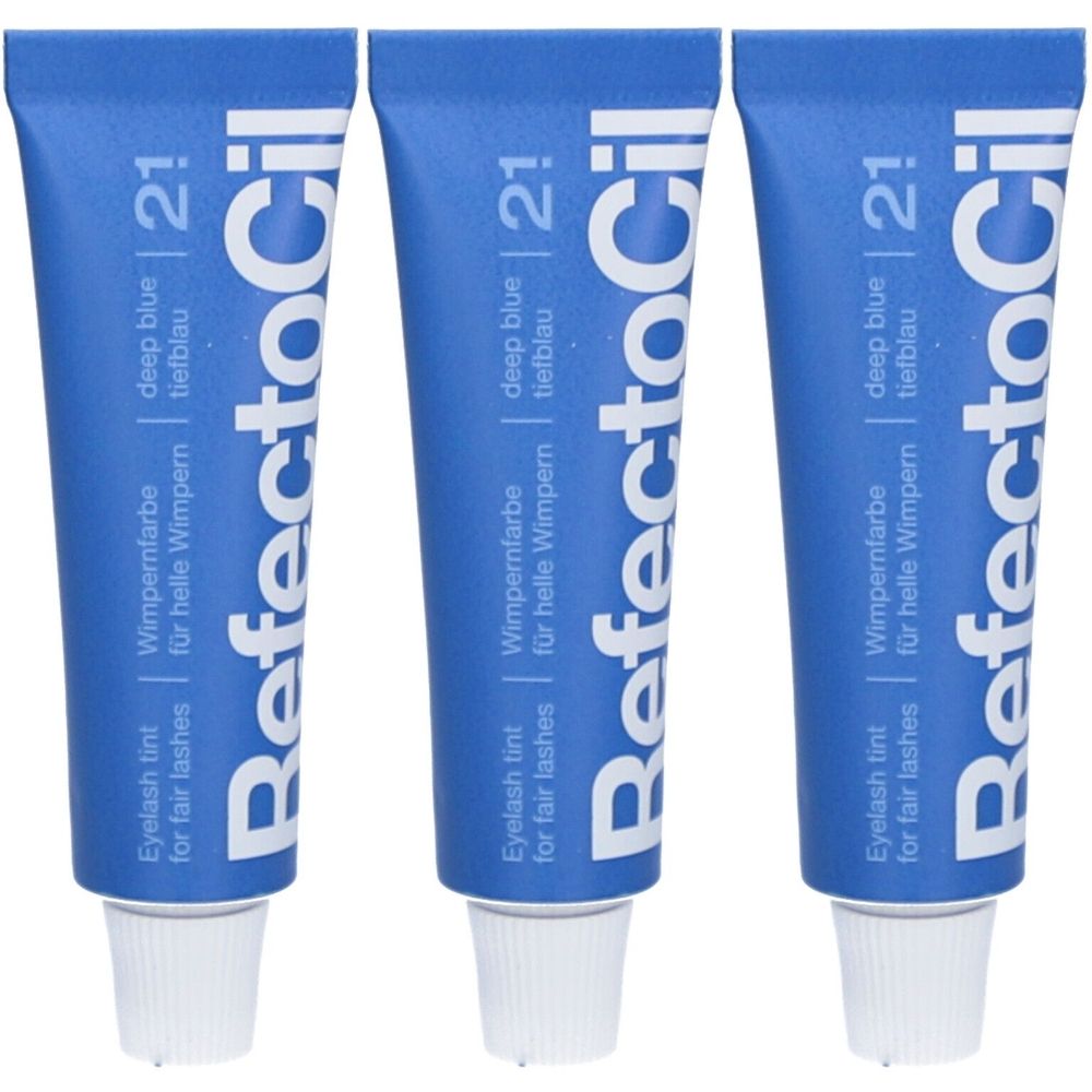 Trois tubes bleus avec bouchon blanc. Chaque tube porte l'inscription "RefectoCil", "deep blue 2.1" et "Wimpernfarbe für helle Wimpern".