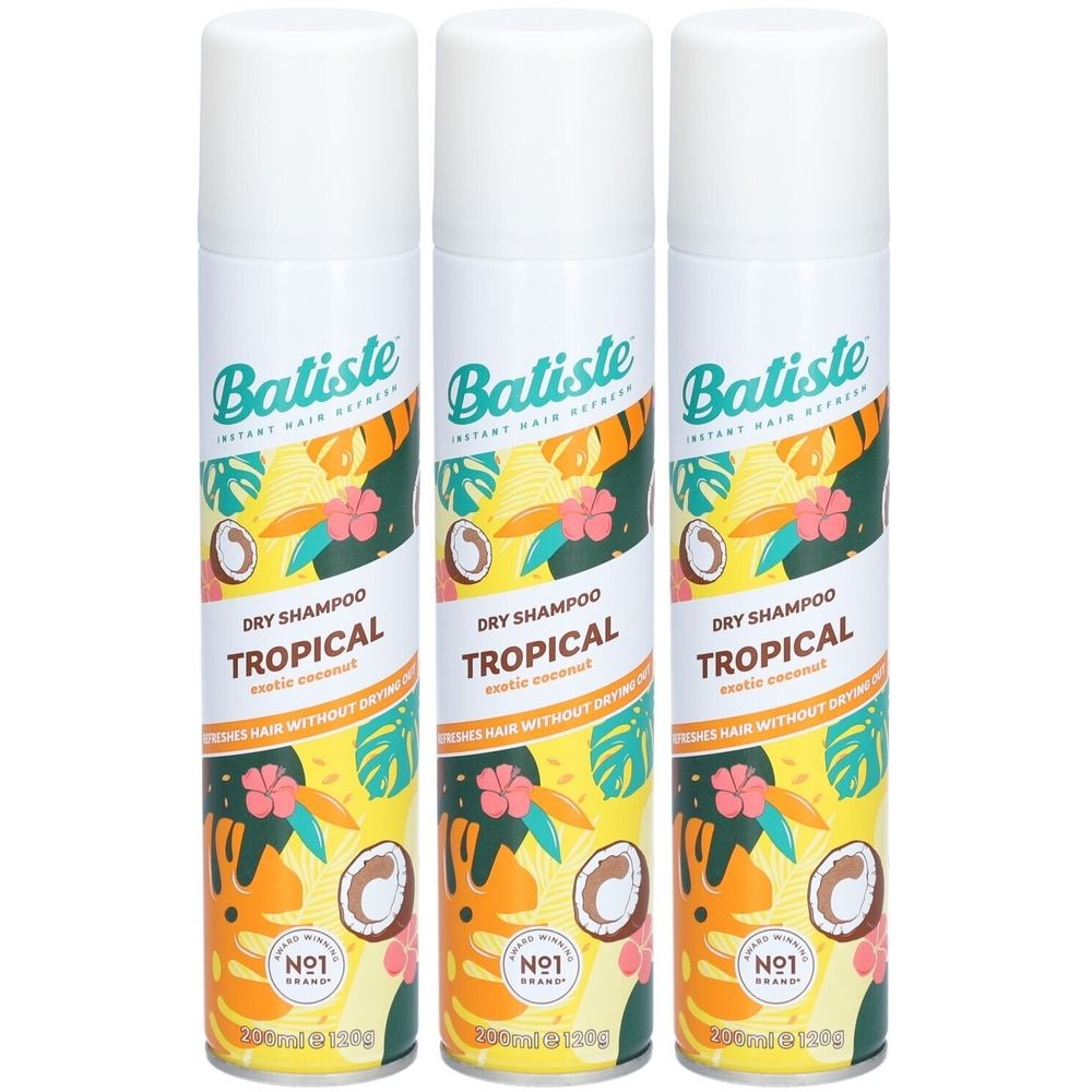 Trois bouteilles de shampooing sec. Inscription : Batiste, Tropical. Design avec noix de coco et fleurs. Marque n°1.