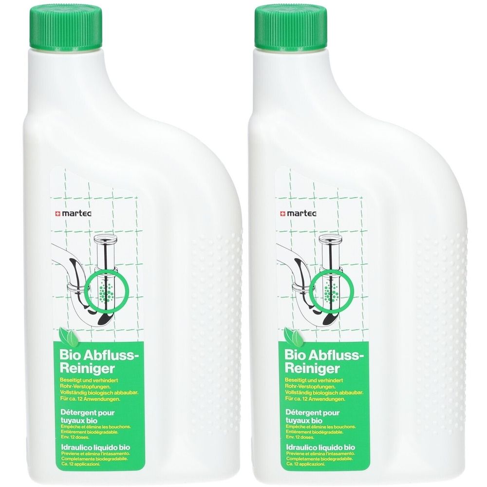 Deux flacons blancs avec bouchons verts. Inscription: Bio Abfluss-Reiniger. Marque: martec. Illustration d'un drain.