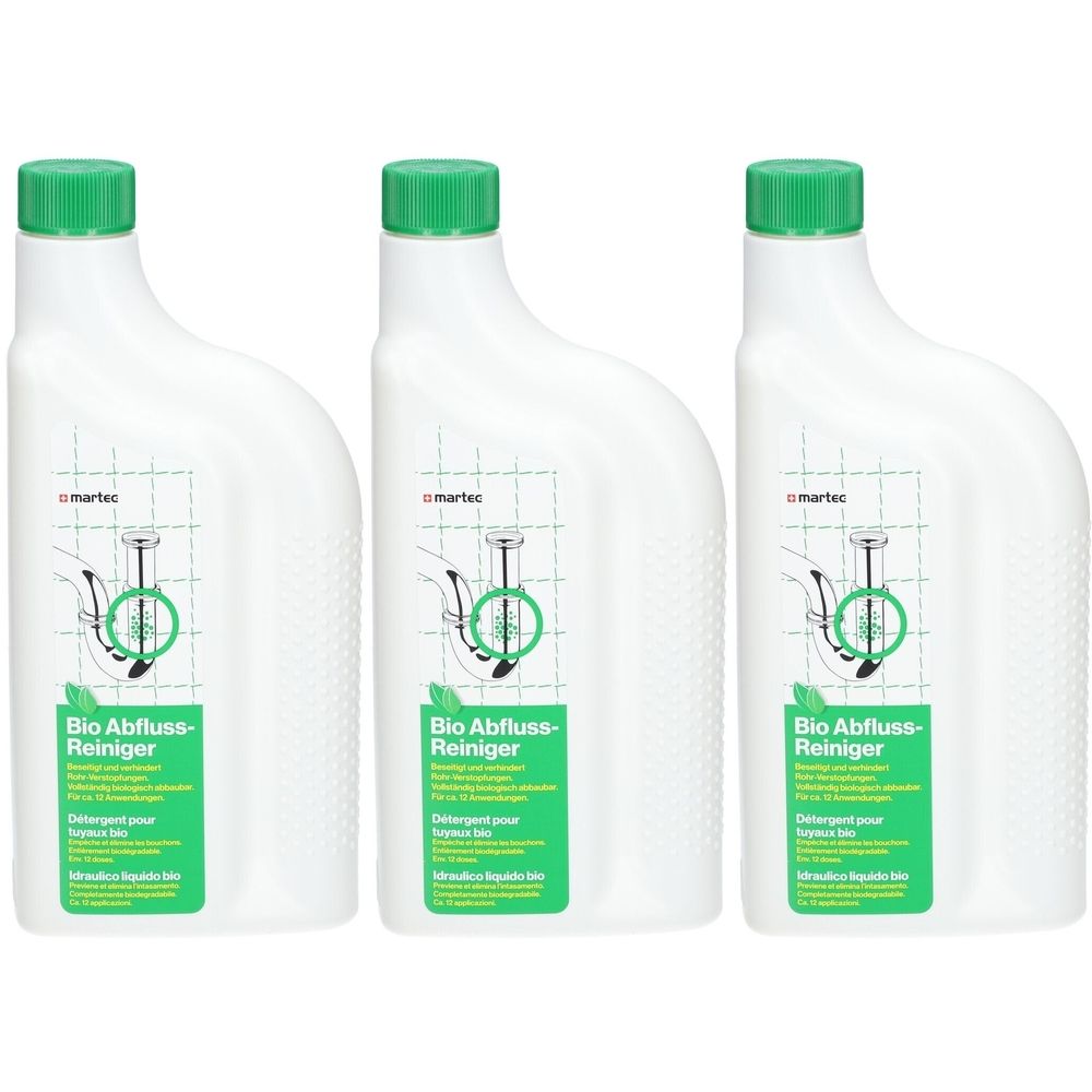 Trois bouteilles blanches à bouchon vert. Inscription : Bio Abfluss-Reiniger. Marque : martec. Illustration d'un drain.