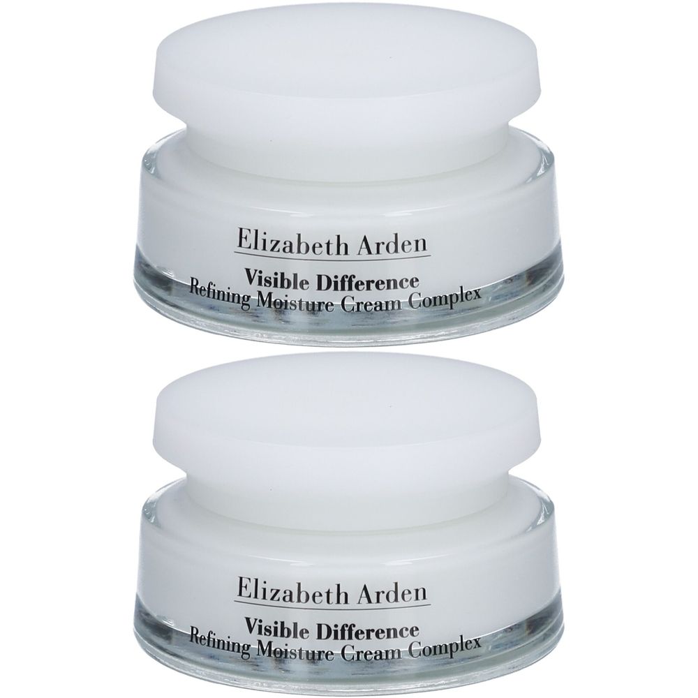 Deux pots de crème avec couvercles blancs. Étiquettes : "Elizabeth Arden Visible Difference".