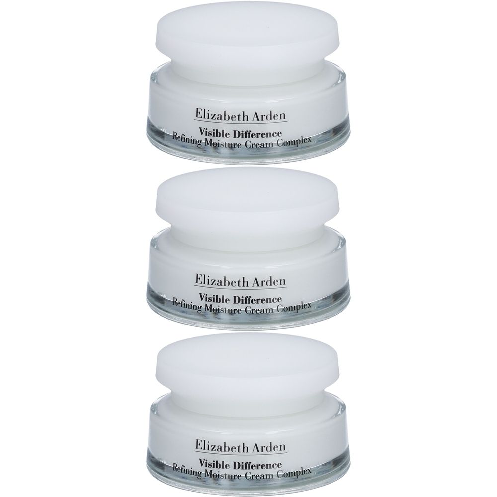 Trois pots de crème avec couvercles blancs. Étiquettes : "Elizabeth Arden Visible Difference".