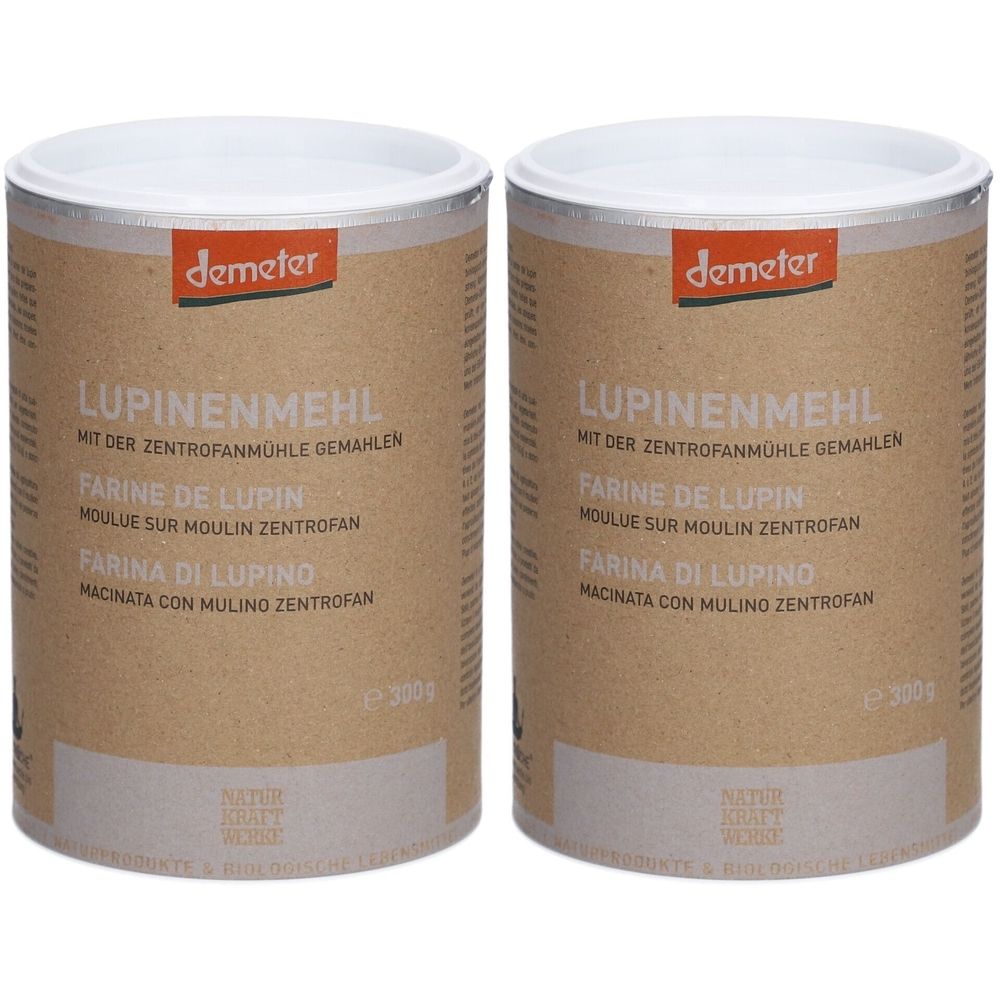 Deux boîtes cylindriques avec étiquettes "Farine de lupin". Marque "Demeter".