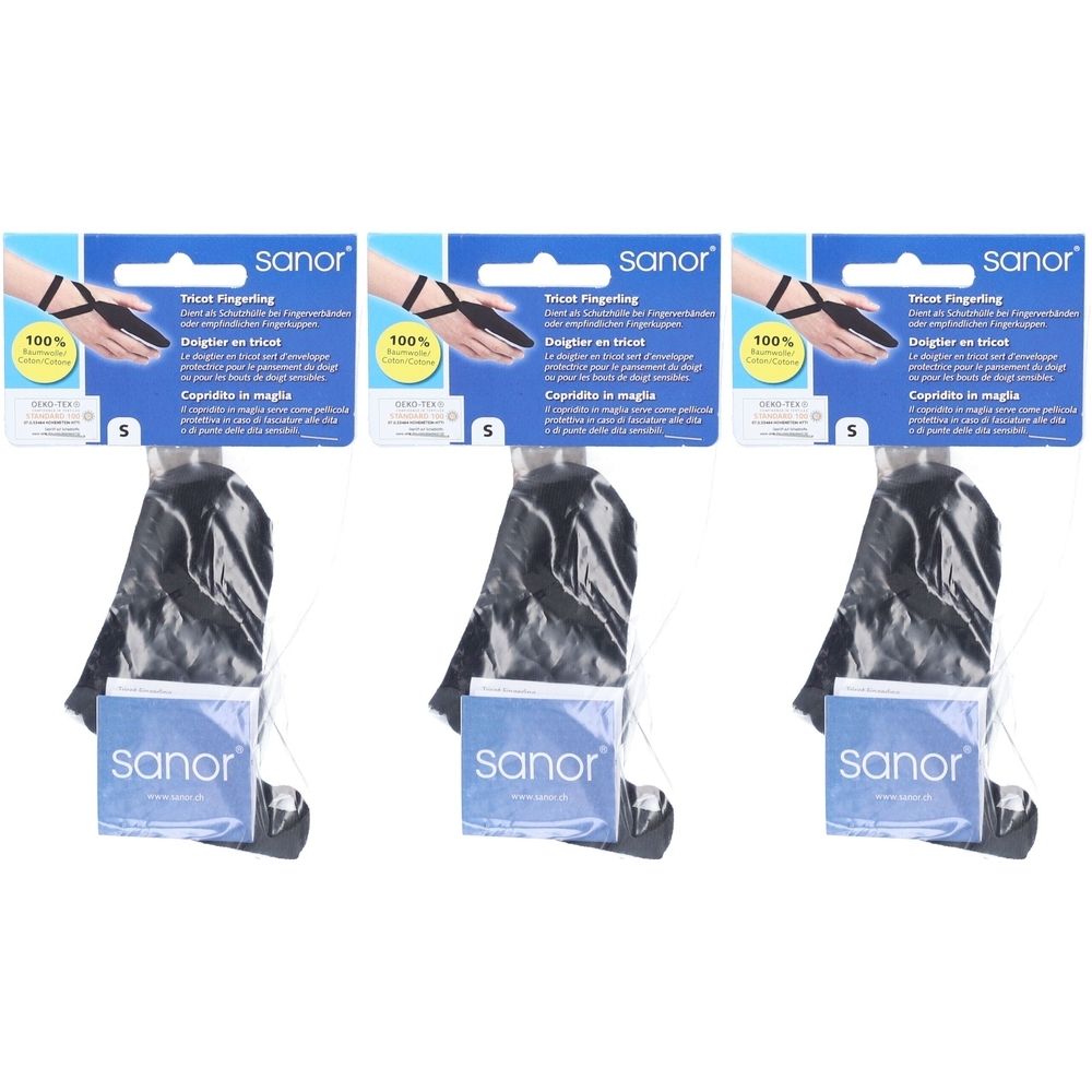 Trois paquets de doigtier tricoté S. Doigtiers noirs avec cartes bleues. Les cartes indiquent "sanor".