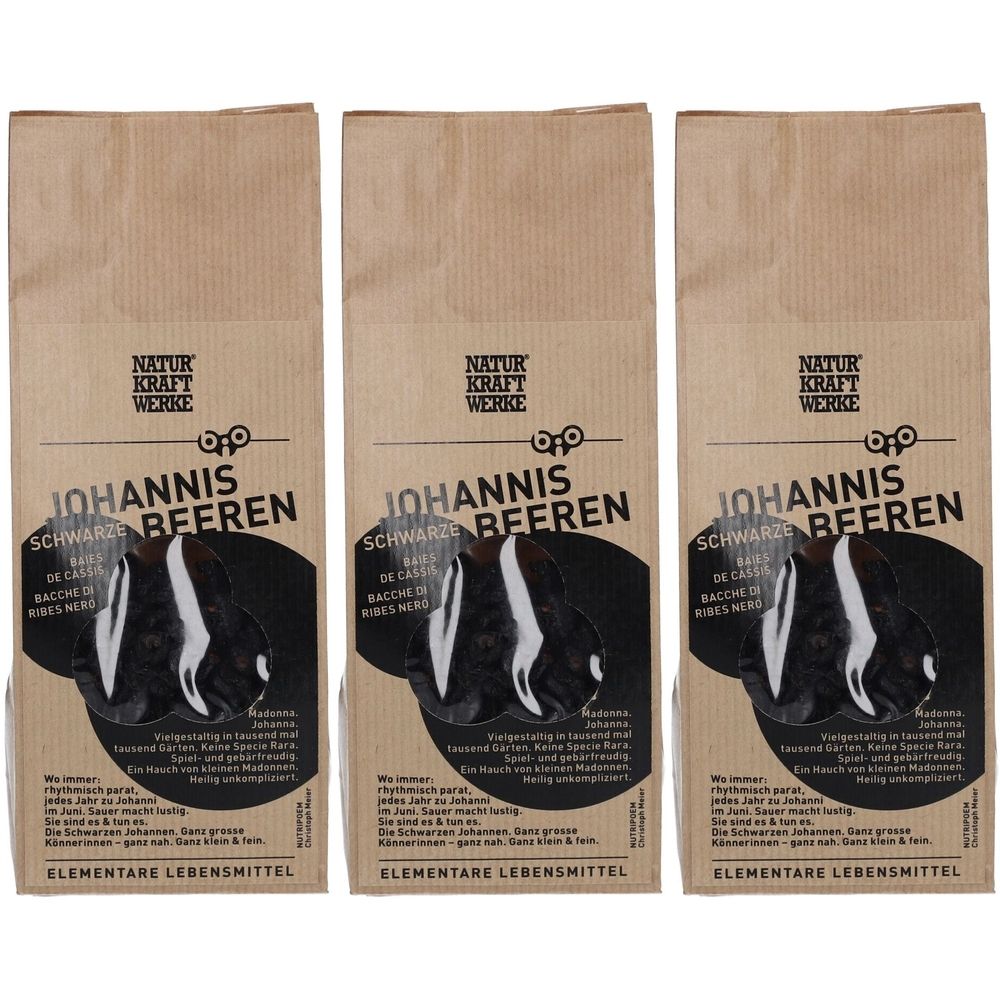 Trois sachets de "Johannisbeeren". Marque "Natur Kraft Werke". Emballage en papier brun avec contenu noir.
