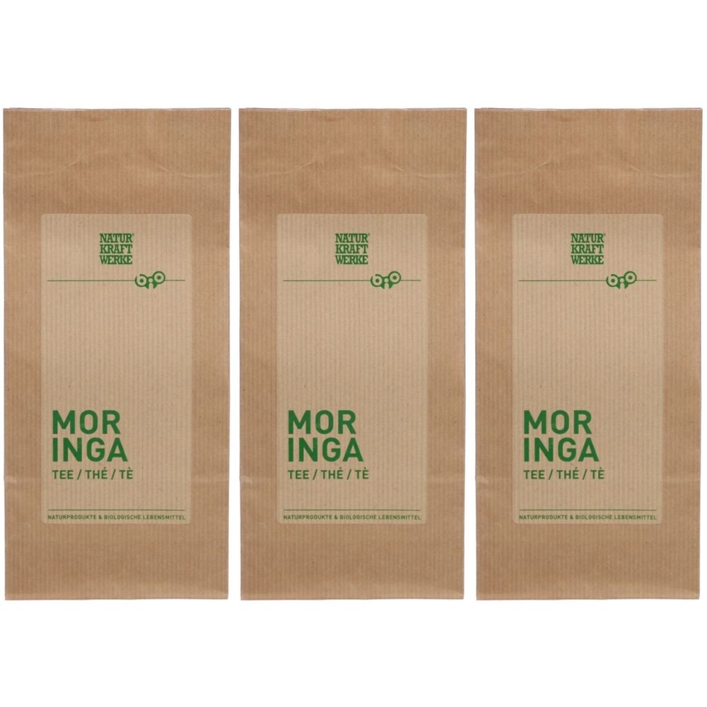 Trois sachets de thé Moringa. Emballage en papier brun avec impression verte. Texte: MORINGA TEE/THÉ/TÈ, NATUR KRAFT WERKE.