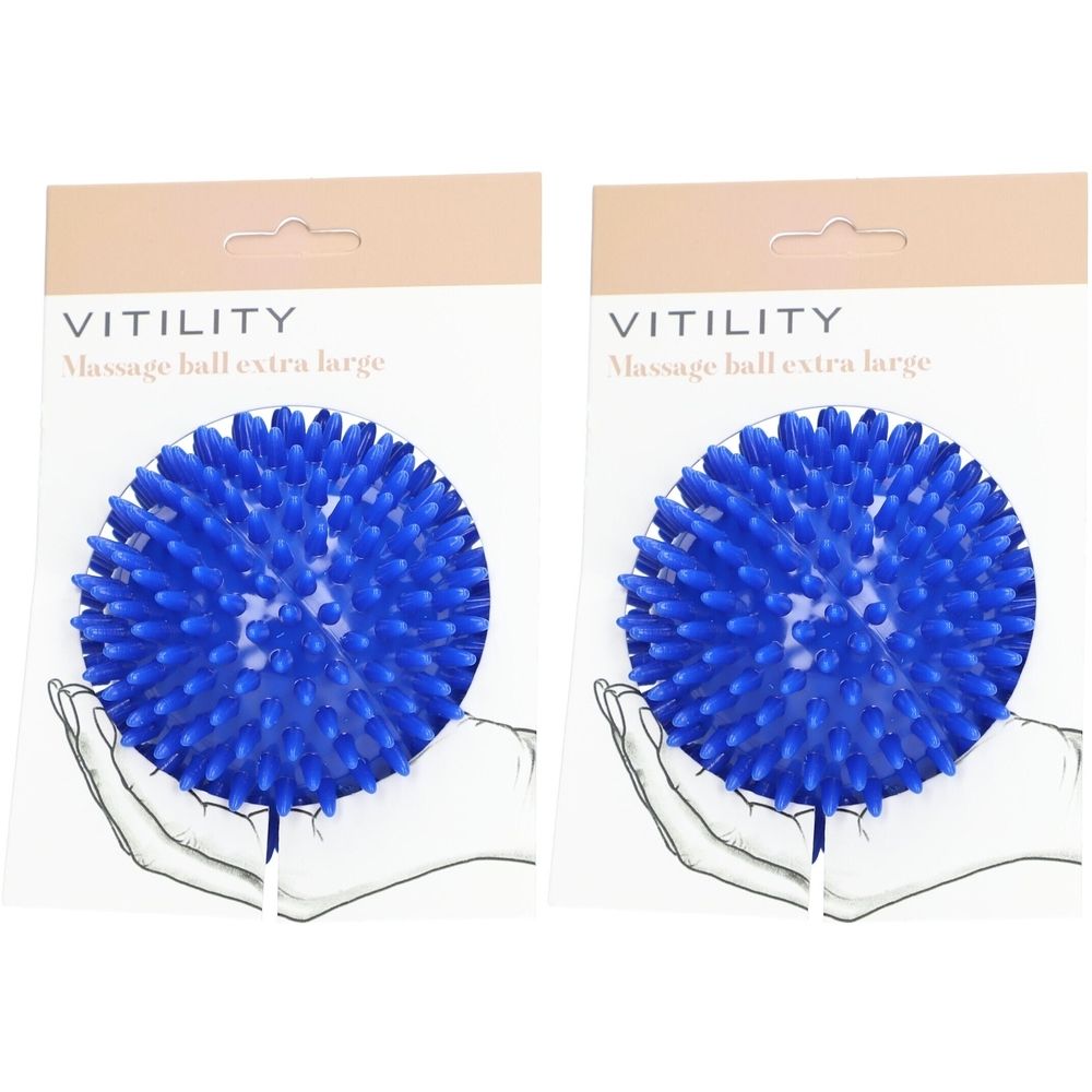 Deux balles de massage bleues à picots. Emballage avec le nom du produit VITILITY et l'indication Massage ball extra large.