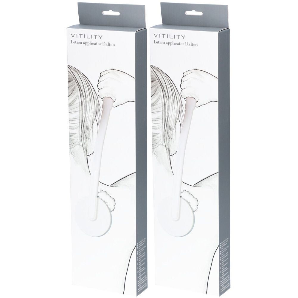 Deux boîtes de l'applicateur de lotion VITILITY. Illustration d'une personne utilisant le produit. Emballage gris et blanc.