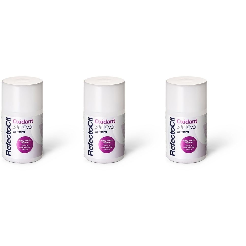 Trois flacons blancs avec l'inscription RefectoCil Oxidant 3% 10vol cream.