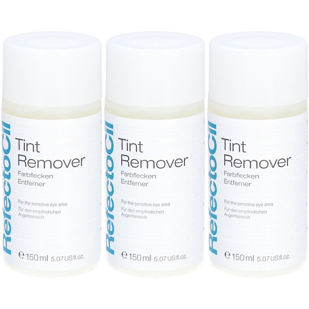 Trois flacons de Refectocil Tint Remover. Flacons blancs avec étiquette bleue. Texte: Tint Remover, Farbflecken Entferner, 150ml.