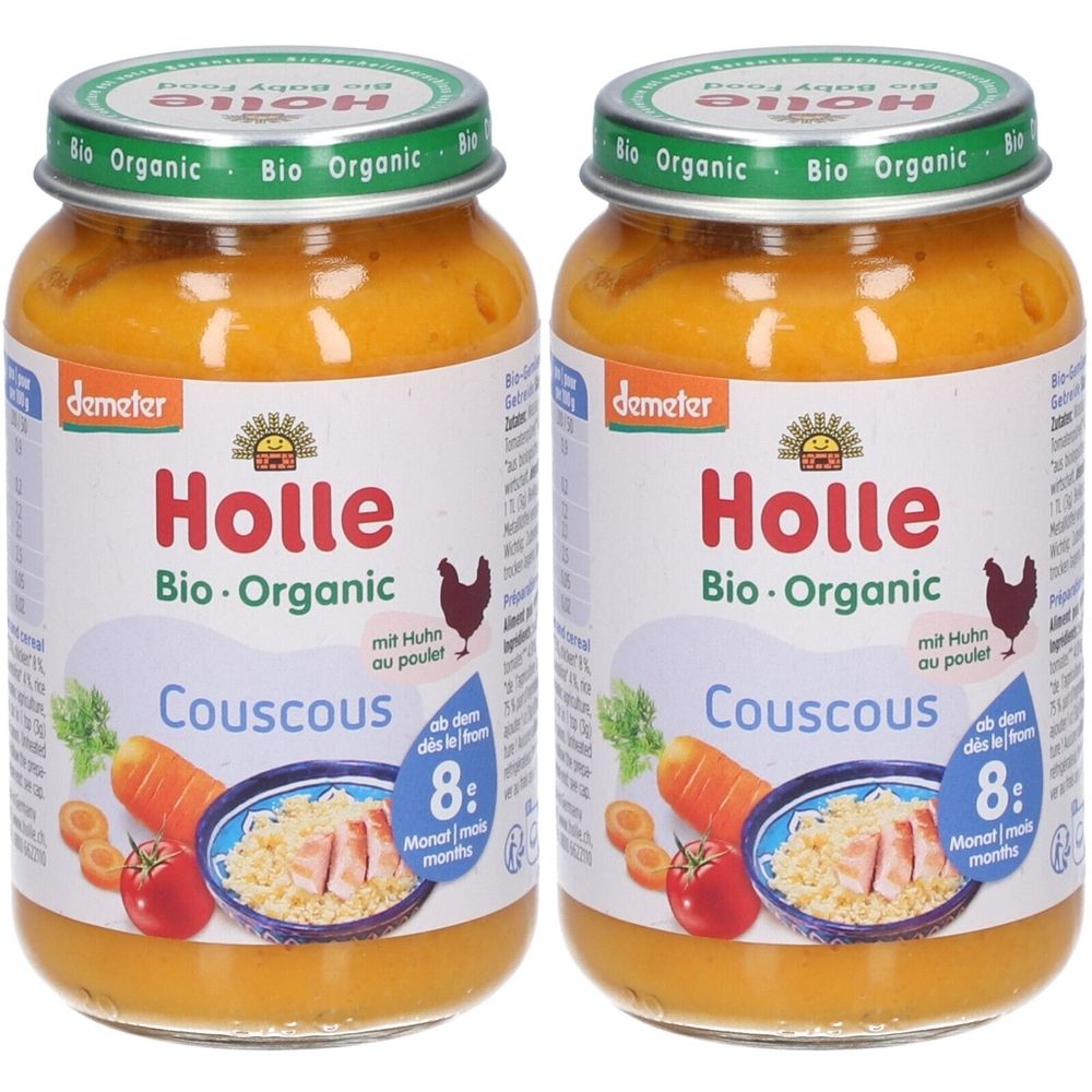 Deux pots de Holle Bio-Couscous au poulet. Inscription : Bio-Organic, Couscous, dès 8 mois. Label Demeter.